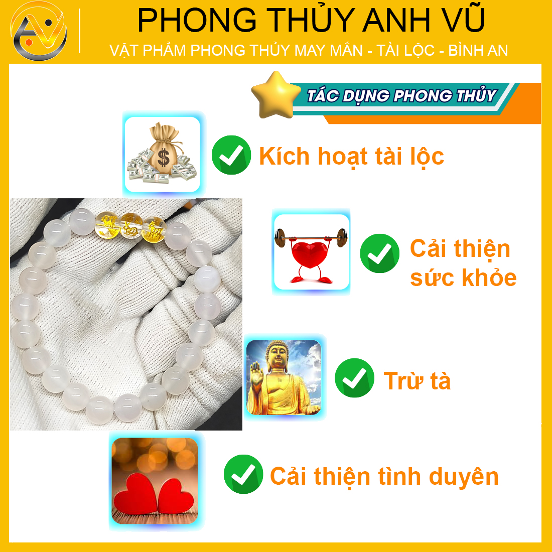 Vòng tam hợp hợi mão mùi đã khai quang - chất liệu mã não trắng tự nhiên - size 8 10ly - may mắn tài lộc - Vòng Tam Hợp Anh Vũ