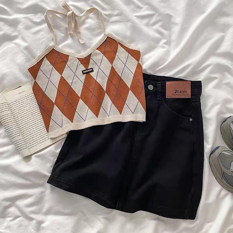 Áo yếm croptop dệt kim caro nữ - Áo ba lỗ len kiểu buộc dây cô tim dáng ngắn hàng đẹp thiết kế Quảng Châu cao cấp
