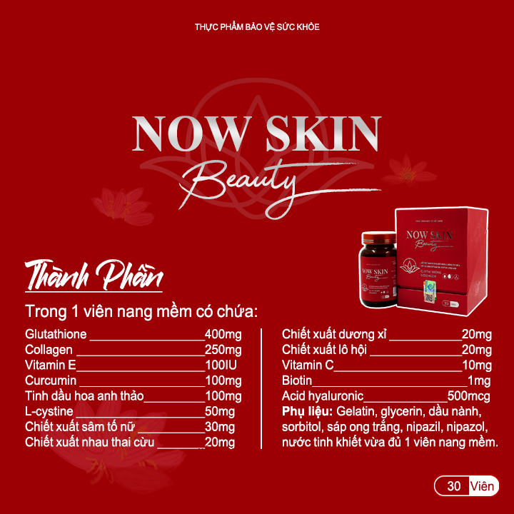 Viên uống trắng da Now Skin Beauty hỗ trợ làm đẹp giảm sạm nám tàn nhang nếp nhăn cải thiện nội tiết tố. Hộp 30 viên