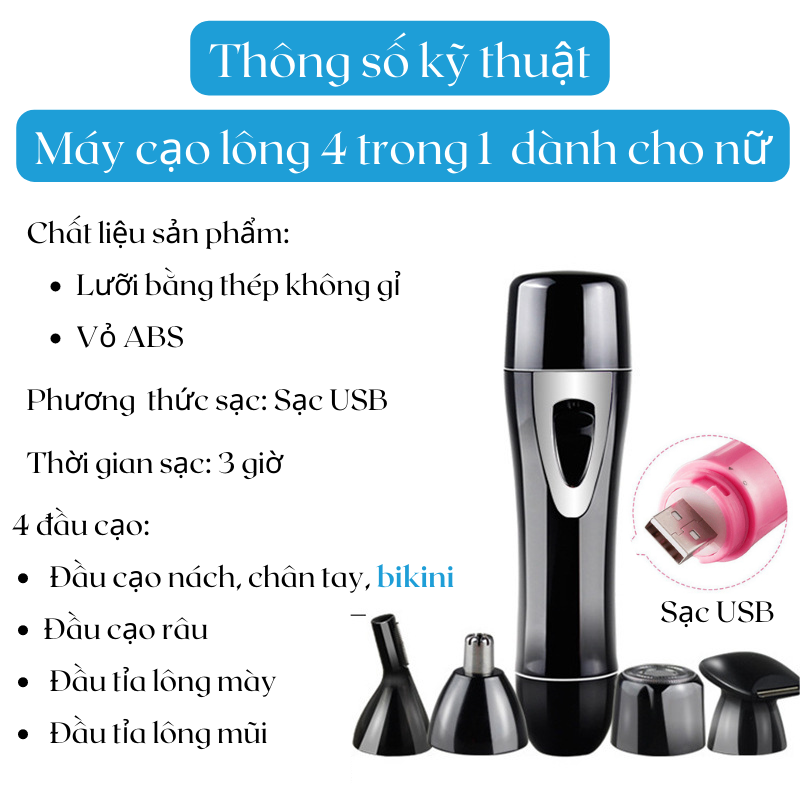 Máy Cạo Lông Toàn Thân Đa Năng Bugu BZ-3563B 4 In 1 Cạo Lông Mày Vùng Kín Mặt Nách Chân Tay Tỉa Lông Mũi - Hàng Chính Hãng