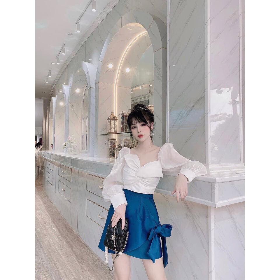 Set áo dài tay ̂ Set bộ kèm chân váy phối nơ thời trang