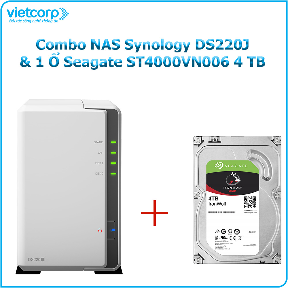 Combo Thiết bị lưu trữ NAS Synology DS220j và 1 ổ cứng HDD Seagate ST4000VN008 4TB - Hàng chính hãng