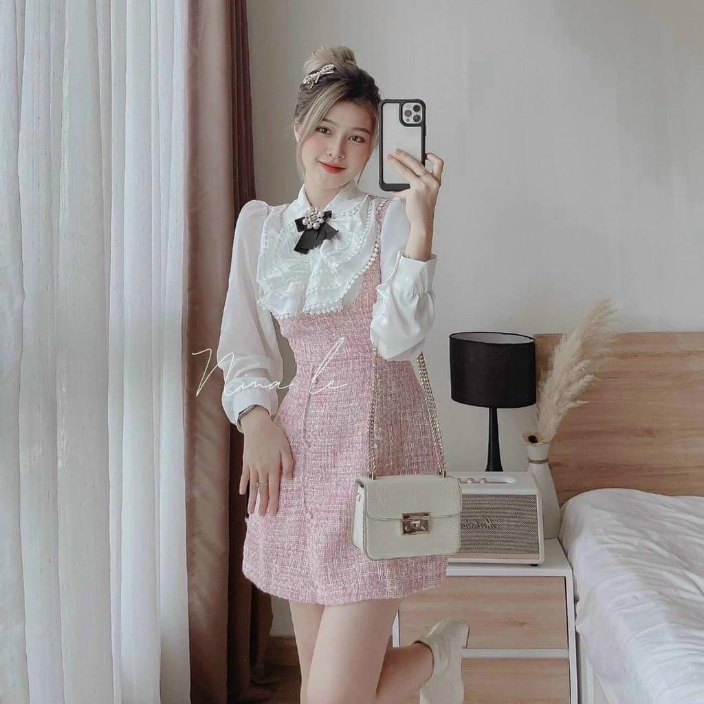 Đầm dạ bố hồng phối trắng tao nơ cổ váy ngắn xòe tay dài tiểu thư nina lê