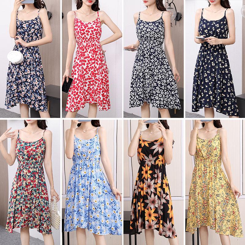DONGSHOP Mùa hè 2023 Hàn Quốc phiên bản có thể điều chỉnh treo vest đầm mỏng mỏng trung bình dài hoa bãi biển váy