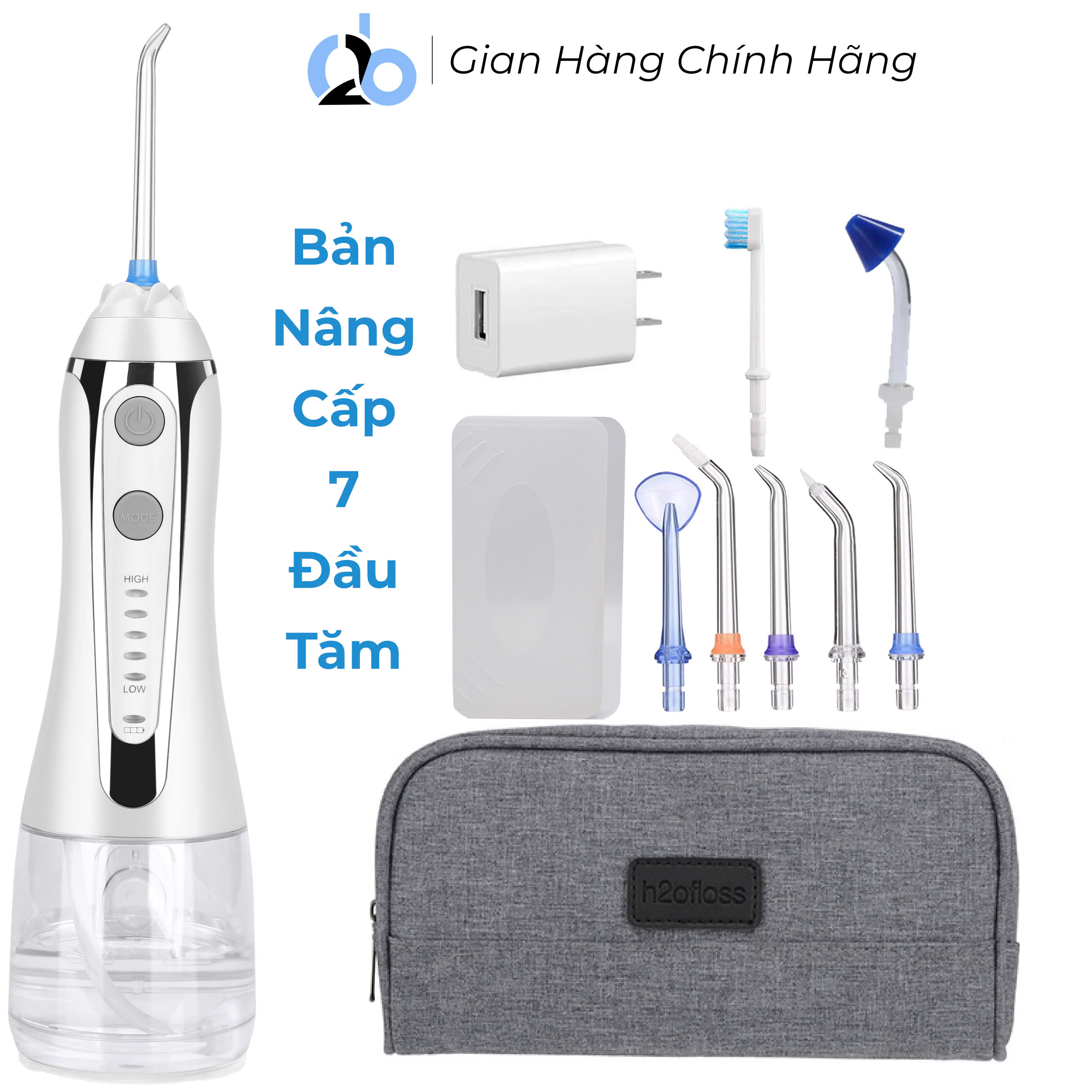 Tăm Nước Cầm Tay H2Ofloss Hf - 2 Phiên Bản Nâng Cấp Được Phân Phối Độc Quyền Với Nút Mở Bình Nước Tiện Lợi, Tặng Kèm 7 Đầu Tăm, Củ Sạc Nguồn Thấp - Hf - 2 Trắng