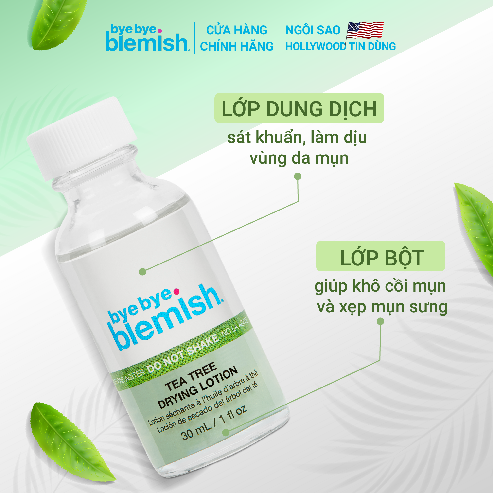 Chấm mụn Tràm Trà giảm mụn nhanh sau 1 đêm dành cho da mụn sưng viêm Bye Bye Blemish Tea Tree Drying Lotion 30ml