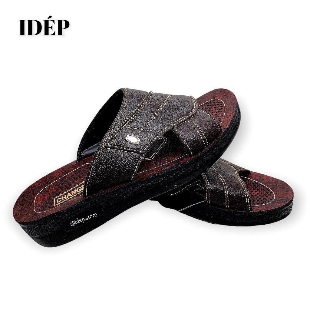 Dép da nam quai ngang đế PU cao 3cm đúc nguyên khối cho nam trung niên iDÉP DL254