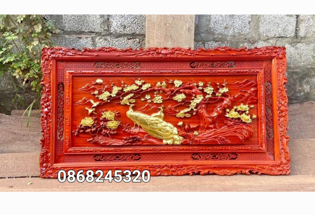 Tranh phụ thê viên mãn bằng gỗ hương đỏ sơn pu dát vàng cao cấp kt 67×127×4cm