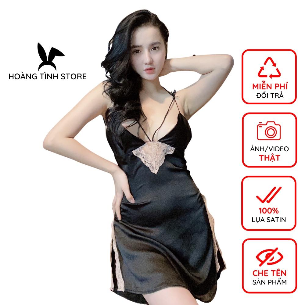 Váy ngủ sexy 2 dây gợi cảm lụa satin cao cấp Hoàng Tình Store phối ren eo cột dây lưng Freesize tặng kèm quần đùi cute