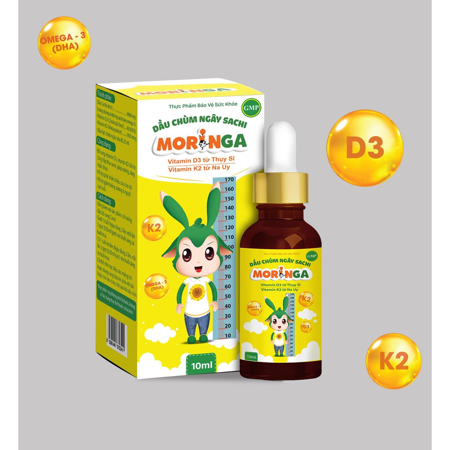 Dầu chùm ngây Sachi Moringa 10ml - Bổ sung Vitamin D3 và K2 tăng hấp thu Canxi, phát triển chiều cao, chống còi xương, suy dinh dưỡng 