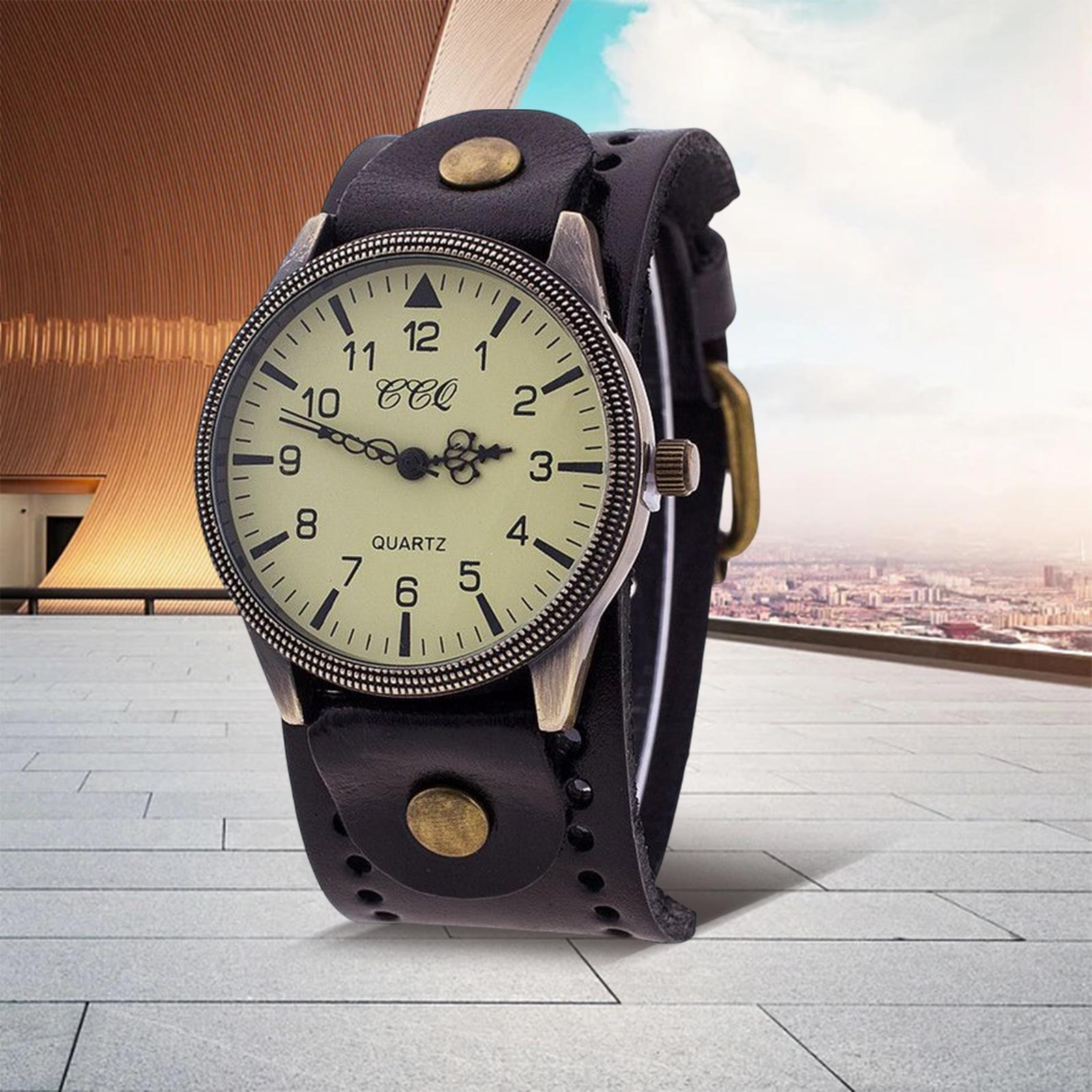 Vintage Bracelet Watch PU Leather Wide Leather Strap for Men Comfortable Black