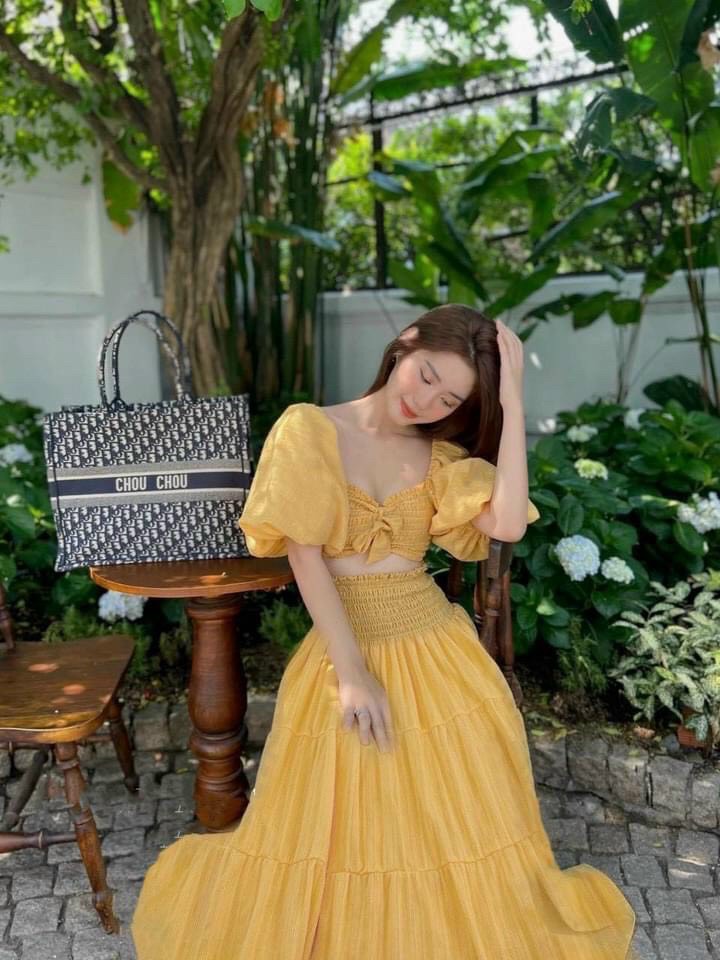 Đầm Maxi Nhúng Phối Áo Nơ