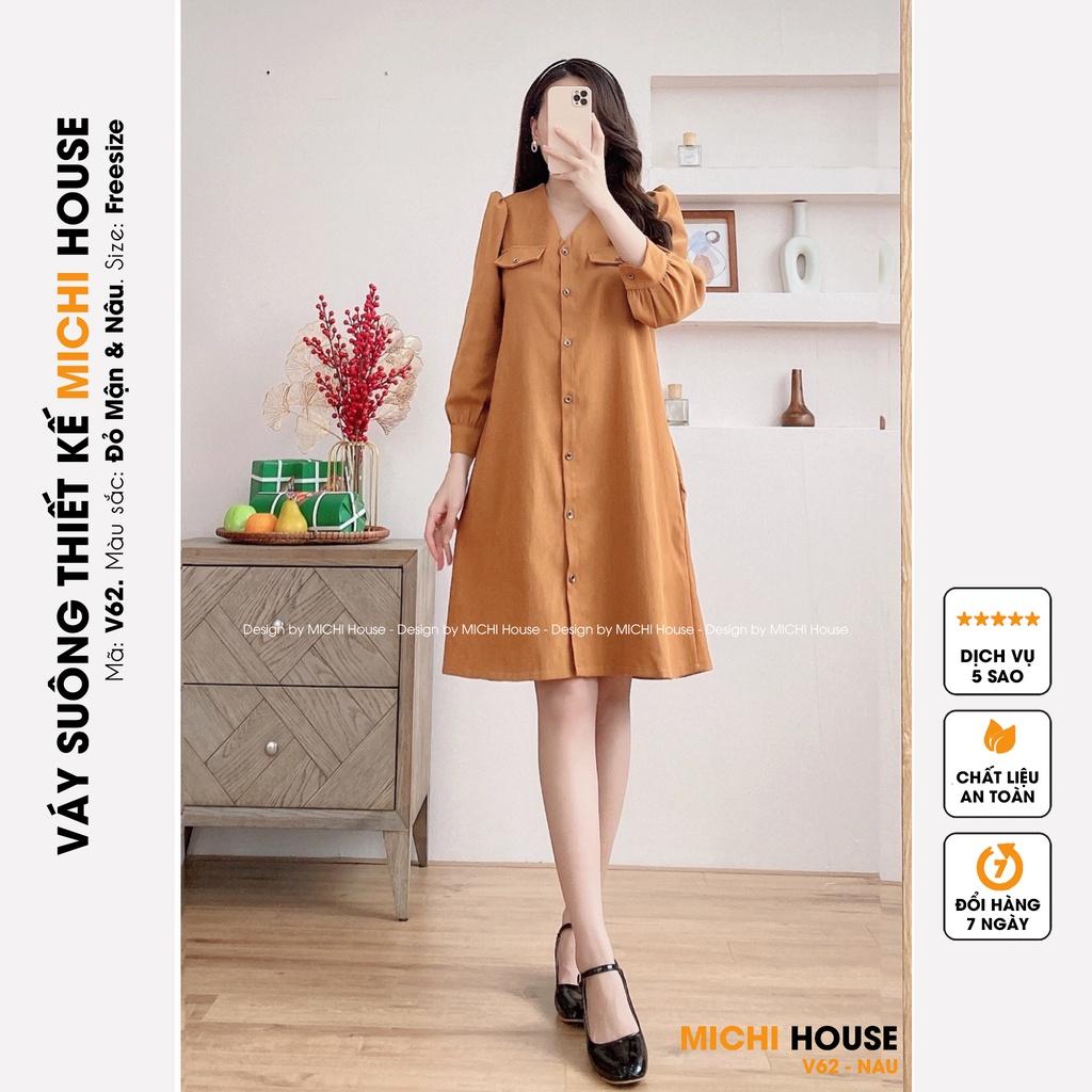 Đầm Suông Nhung Dài Tay MICHI House V62 Váy Xuông Thiết Kế Cổ V Cài Cúc Dễ Mặc