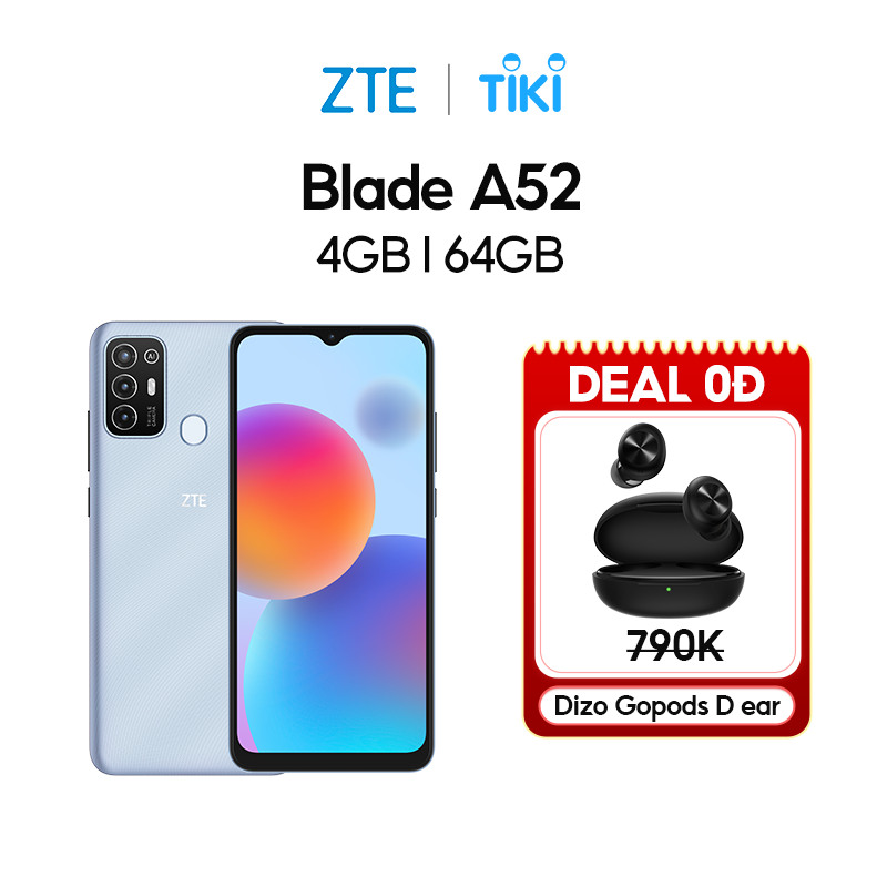 Điện thoại ZTE Blade A52 4GB l 64GB, Pin 5000mAh, Màn hình 6.52&quot;, Camera AI Triple - Hàng chính hãng