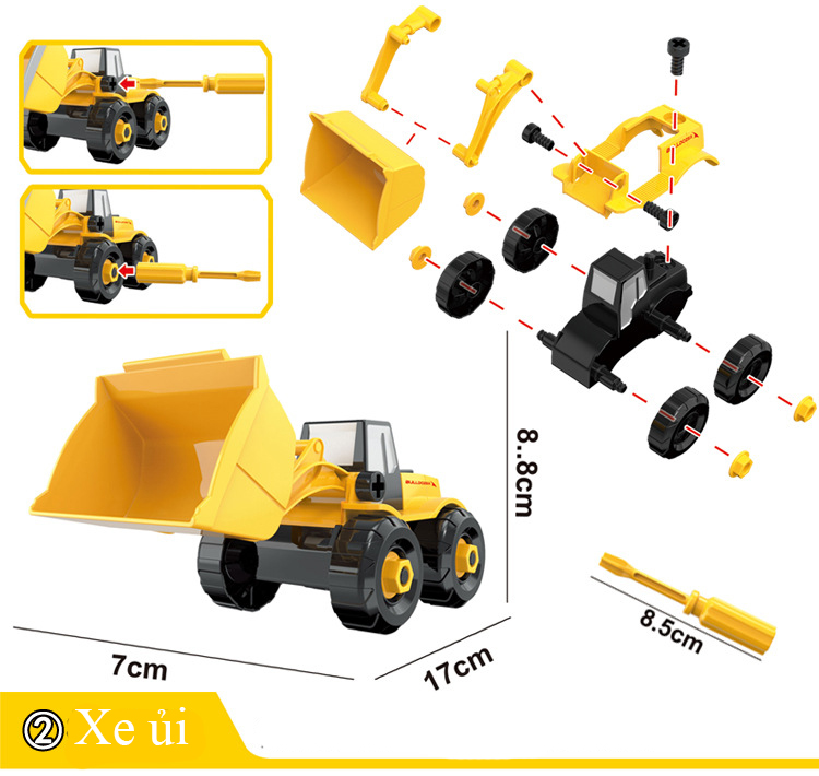 Bộ đồ chơi lắp ráp xe công trình KAVY  gồm 6 xe kèm hộp đựng, tua vít, nhựa nguyên sinh kích thích tính thực hành của bé