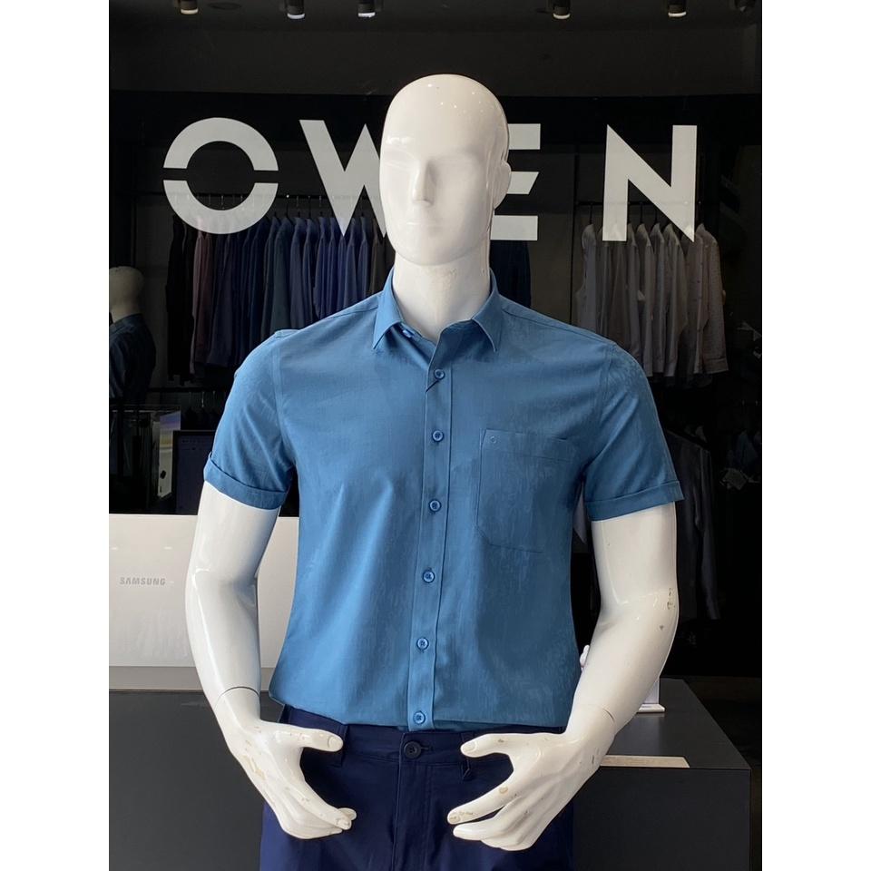 OWEN - Áo sơ mi ngắn tay Owen vạt ngang chất sợi tre màu xanh in họa tiết chìm 230116