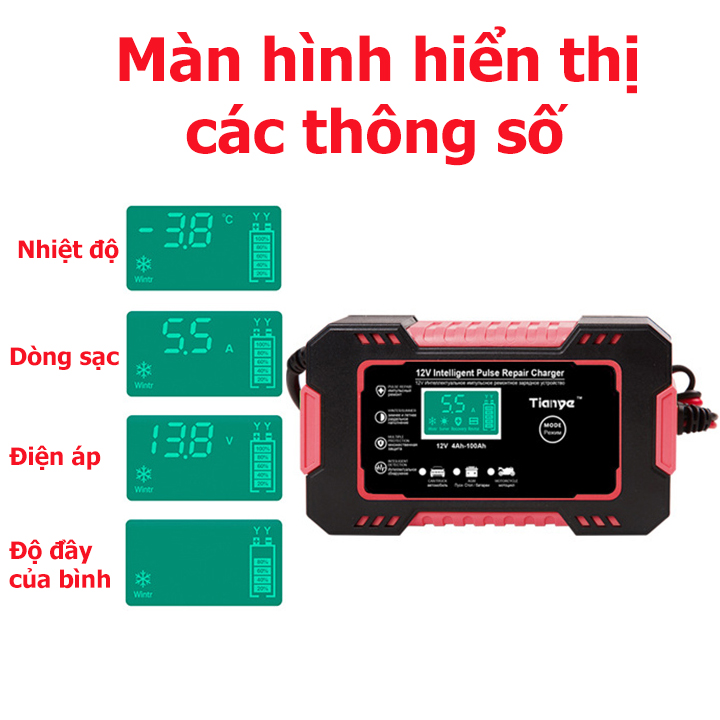 Sạc bình acquy 12V/6A 4Ah-100Ah tự ngắt khi đầy chức năng bảo dưỡng phục hồi ắc quy bằng khử sunfat chống ngược cực