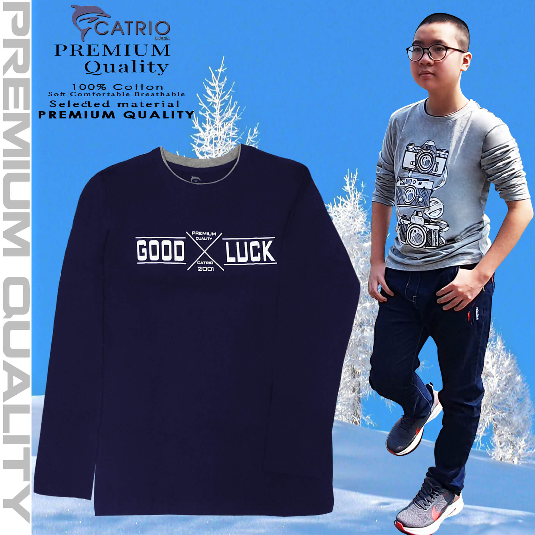 ÁO PHÔNG DÀI TAY BÉ TRAI CATRIO hình GOODLUCK, màu NAVY là áo thun cotton dài tay trẻ em từ 9 tuổi 32kg-34kg thuộc BST quần áo trẻ em mùa thu đông CATRIO