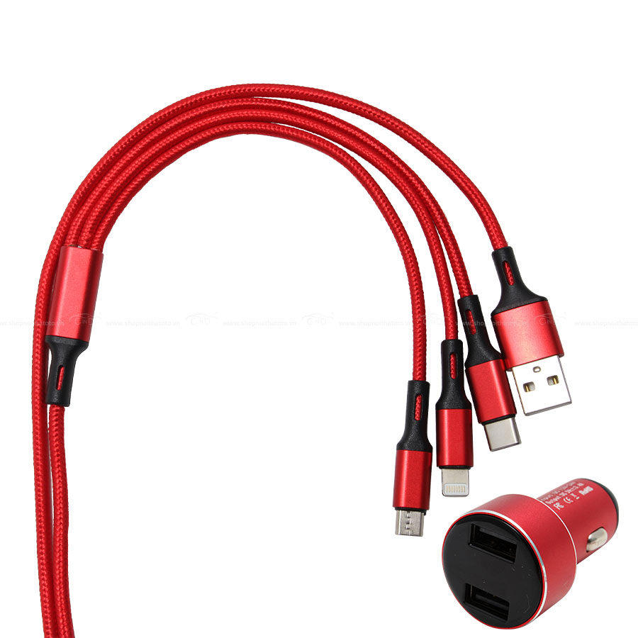 Bộ Sạc Điện Thoại 2 Cổng USB Và Cáp Sạc 3 Đầu Lightning/Micro USB/Type C CIND C74 Màu Đỏ