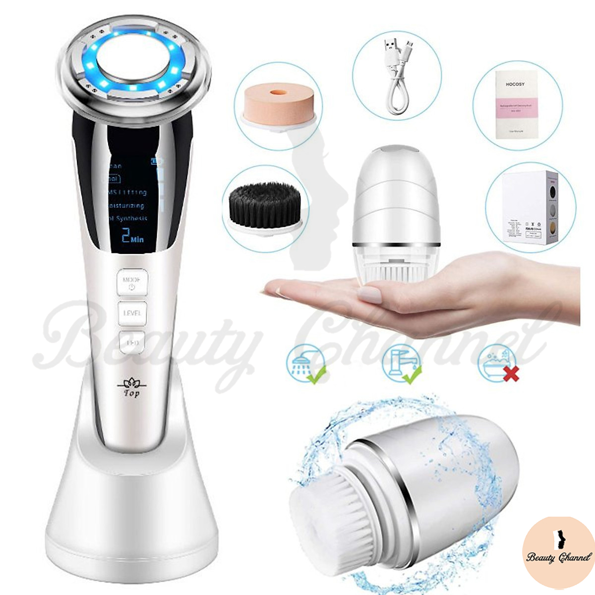 Búa Điện Di Massage Mặt Làm Đẹp Da 5 in 1 Photon Nóng Và Lạnh EMS Kèm Máy Rửa Mặt Mini Tiện Lợi 3 in 1