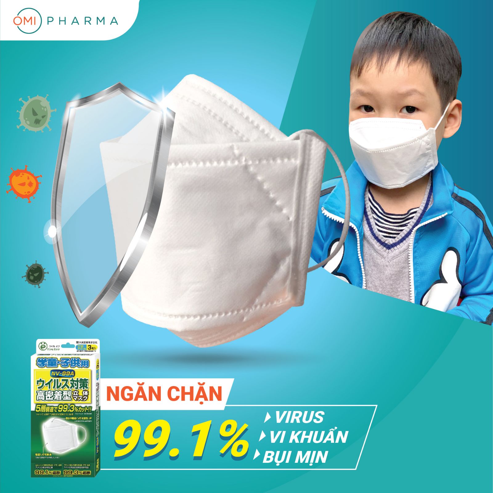 Combo 3 hộp Khẩu trang trẻ em Virus Off - Ohki Nhật Bản thiết kế 3D ôm sát mặt NV-99A 3 miếng