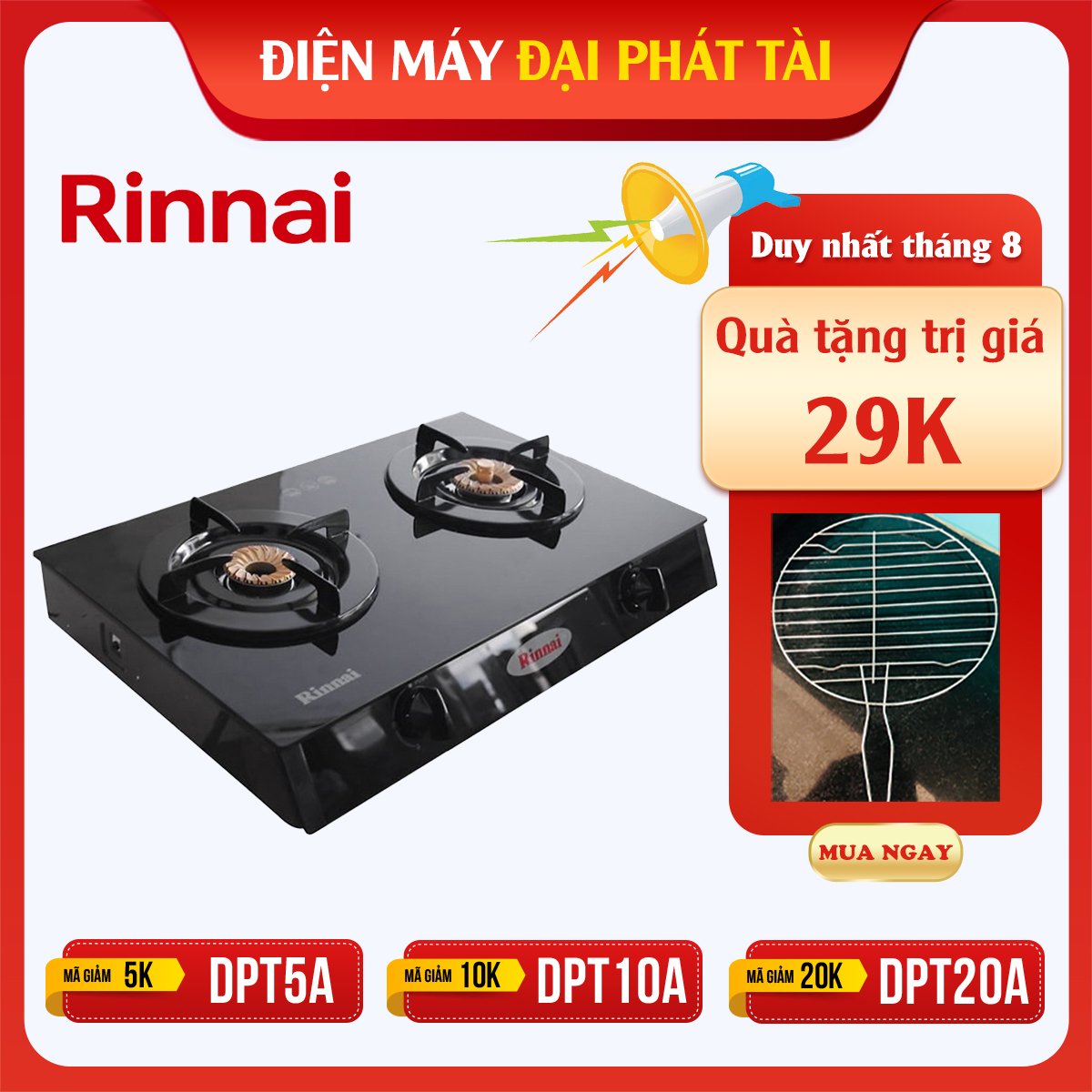 Bếp Ga Dương Đôi Rinnai RV-6Double Glass - Đen- Hãng chính hãng