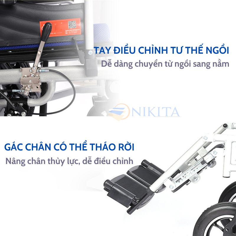 Xe lăn điện có chức năng ngả thành giường, dung lượng pin lớn, tay vịn đóng mở tự do, chống nghiêng, chống lật, chính hãng Nikita