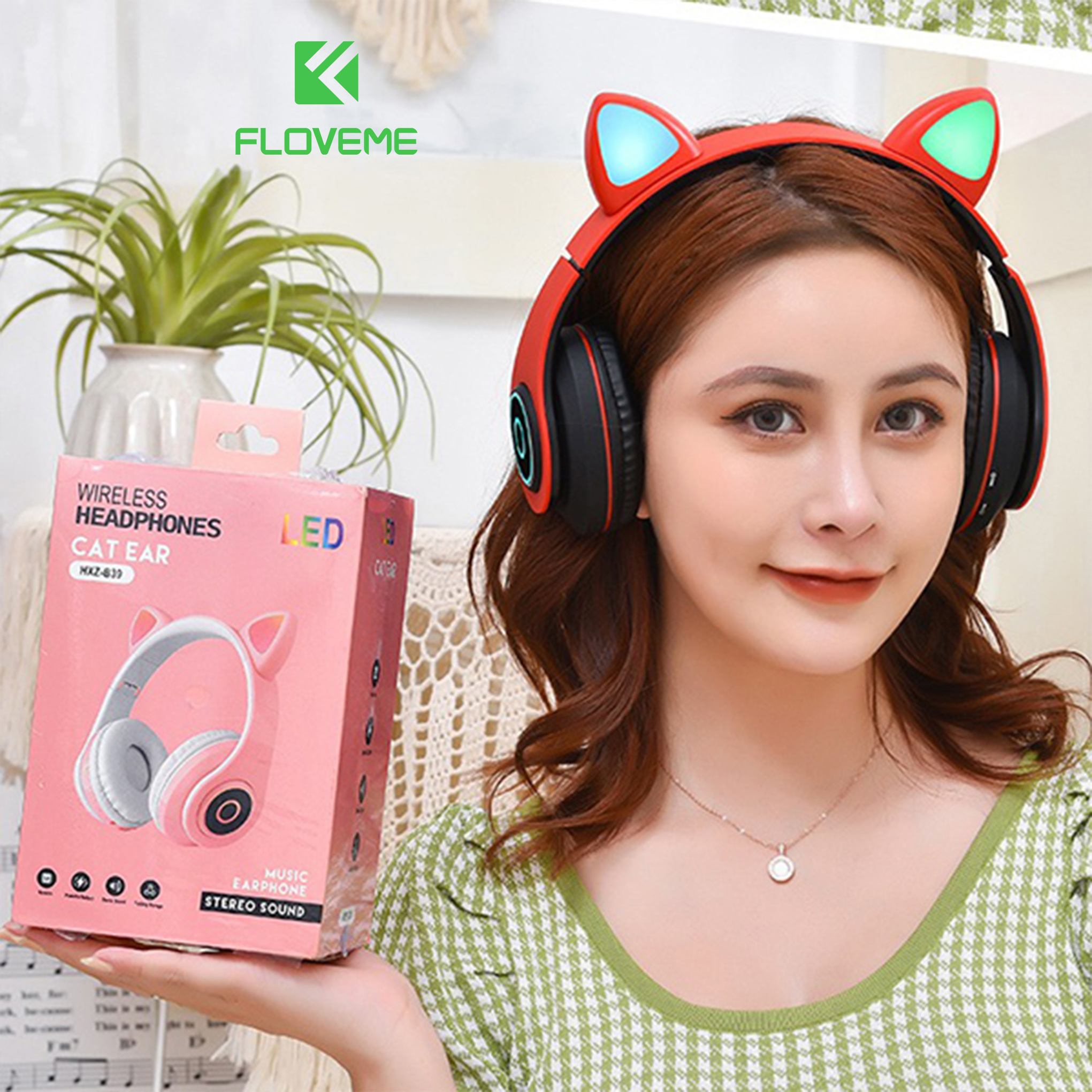 Tai nghe Mèo Bluetooth FLOVEME B39 đáng yêu có mic đàm thoại cao cấp, có đèn phát sáng cute tai nghe thời trang - Hàng chính hãng