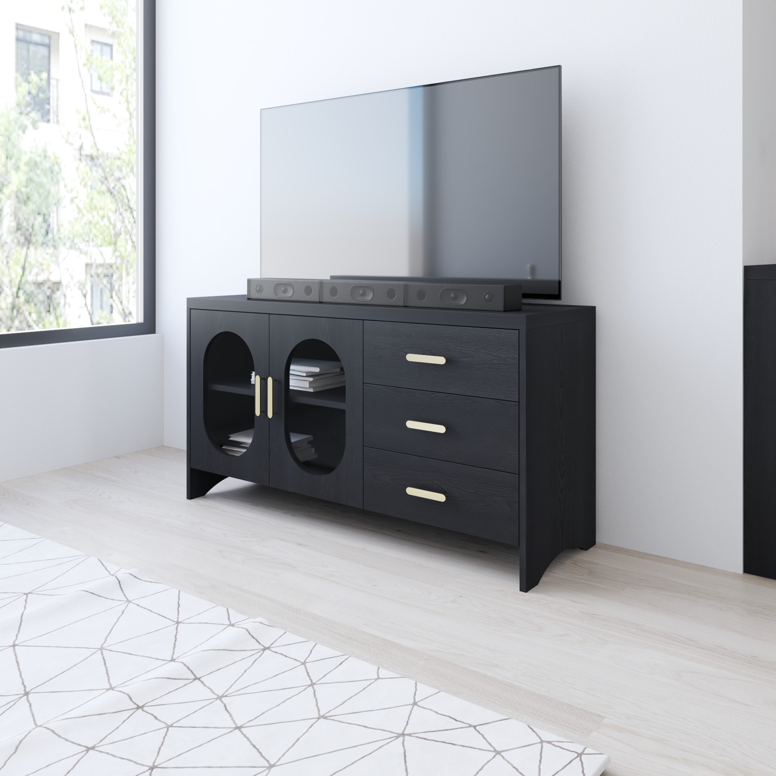 HAPPY FURNITURE , Kệ TV 2 cửa kính 3 ngăn kéo - CHEVY, KTV_077 , 120cm x 40cm x 64cm DxRxC