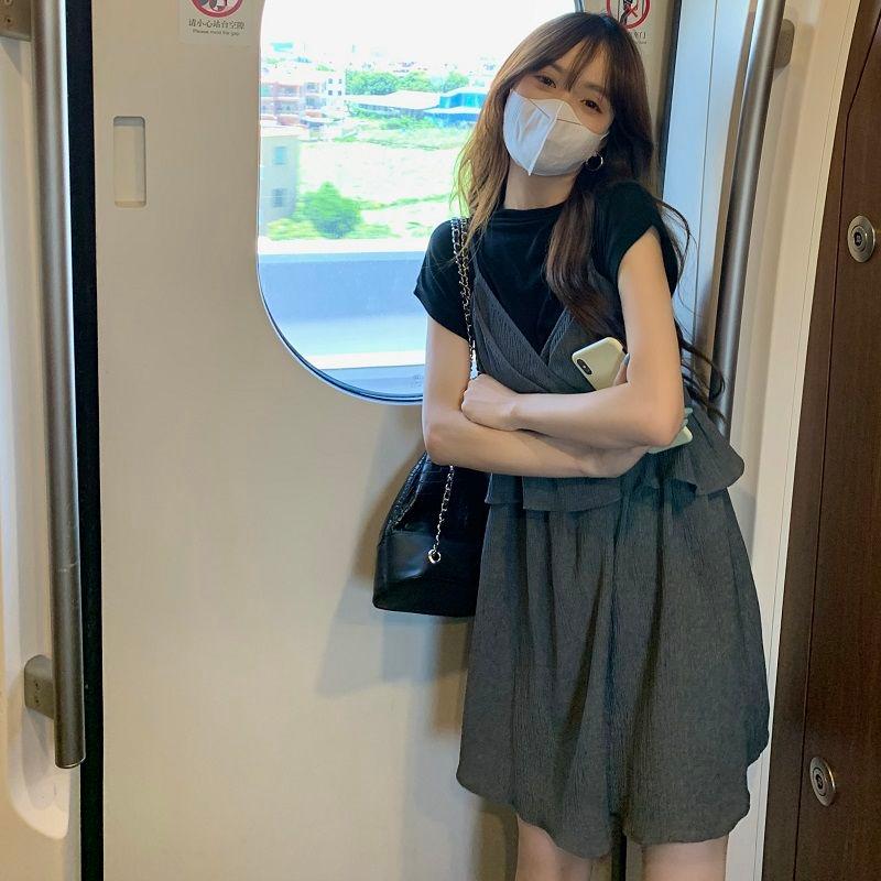 CHENGRUI Một nửa chiều cao cổ áo mỏng phù hợp với phụ nữ mùa hè cao eo lá sen ren váy hai mảnh đặt váy
