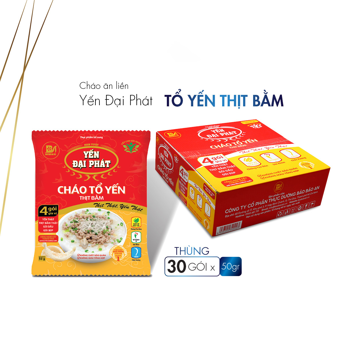 [Thùng 30 gói x 50gram] Cháo Tổ Yến Thịt Bằm - Yến Đại Phát, Yến thật, thịt thật, 4 gói gia vị, ăn liền, tiện lợi