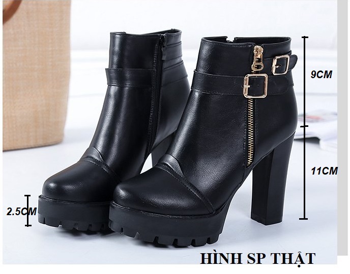 Giày boot gót vuông, bốt nữ cao gót 11 phân vòng dây khóa vàng sang trọng cá tính êm chân S017