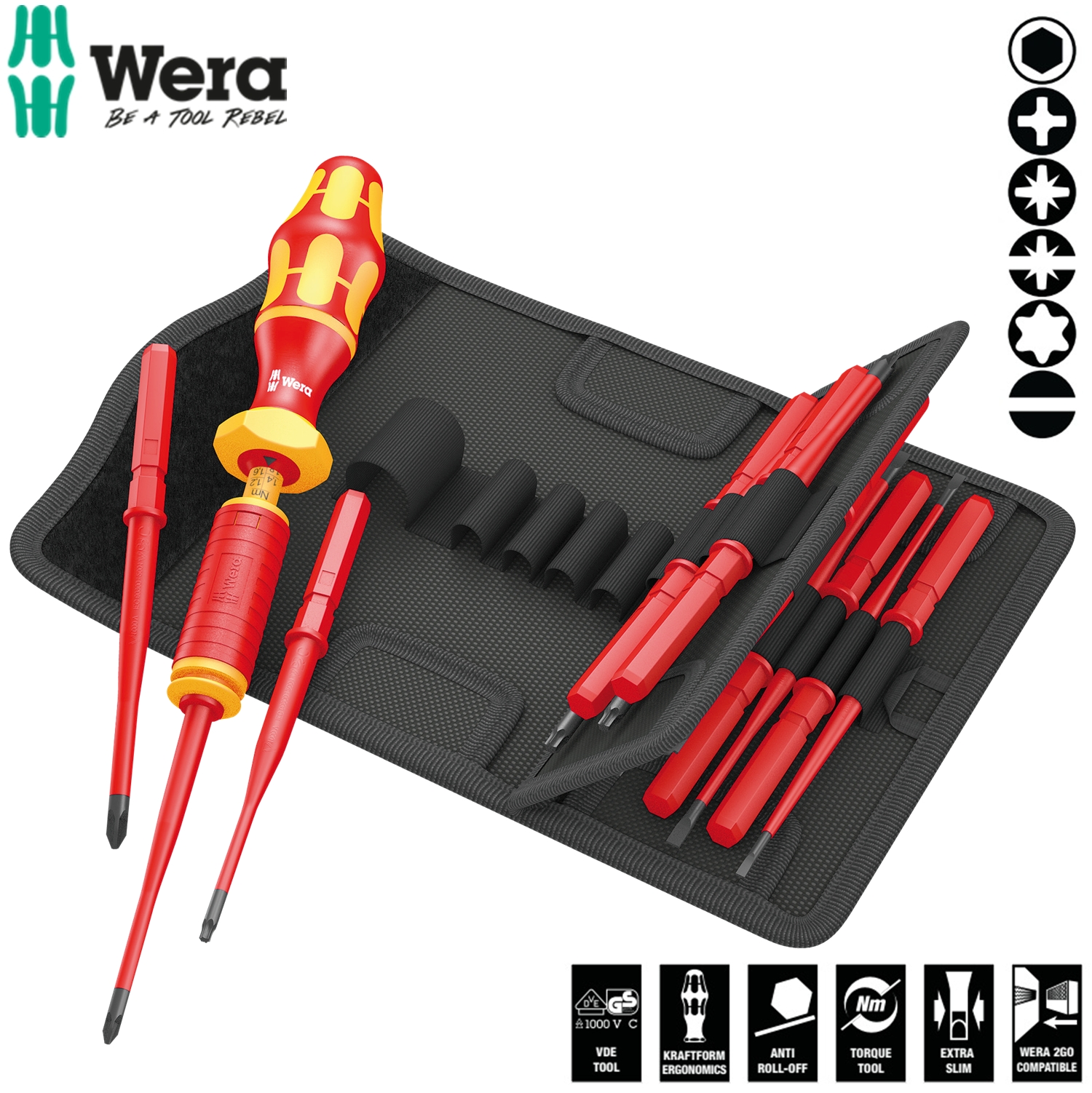 Bộ tua vít cân chỉnh lực cách điện Wera 05059291001 Kraftform Kompakt VDE 15 Torque 1.2-3.0 Nm extra slim 1 gồm 15 cái