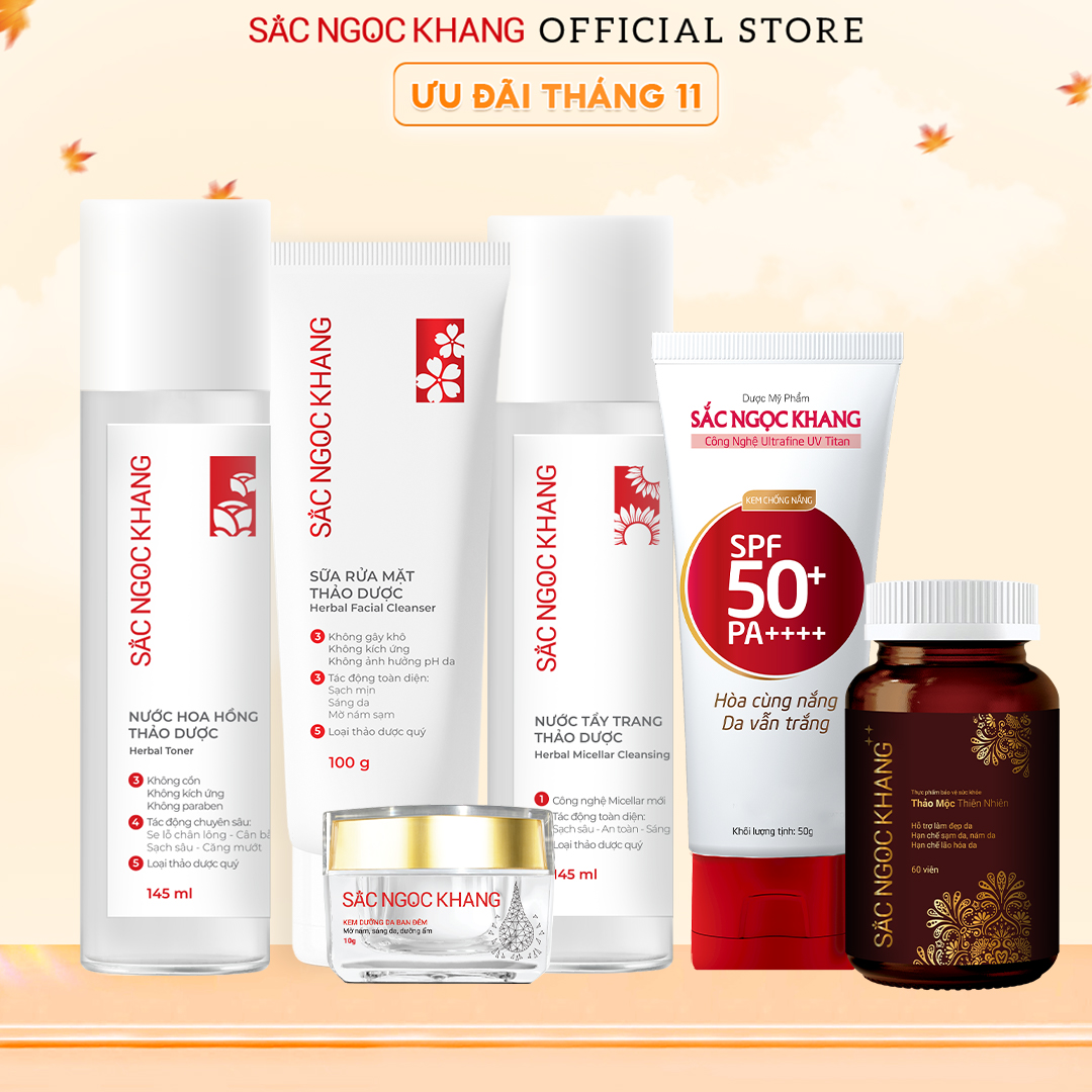 Combo 6 món: Nước tẩy trang 145ml + Sữa rửa mặt 50g+ Nước hoa hồng 145ml + Kem dưỡng ban đêm 10g + Kem chống nắng 50g + Sắc Ngọc Khang ++