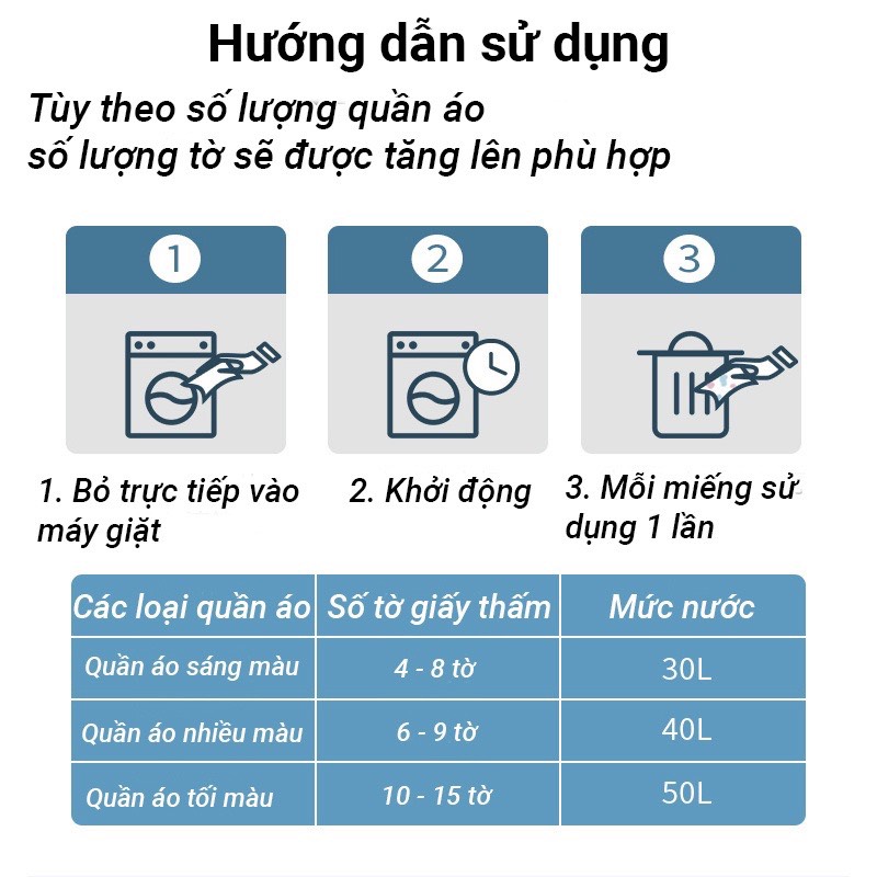 Túi 50 giấy thấm hút chống loang màu quần áo, bảo vệ màu quần áo khi giặt máy hoặc giặt tay