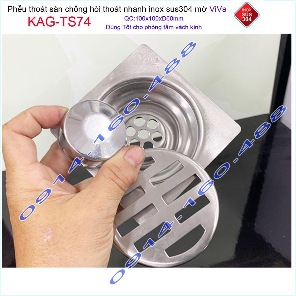 Phễu thoát sàn Viva KAG-TS74 10x10cm D60, phễu thoát sàn SUS304 đúc liền khối sales 40%, hố ga chống hôi inox 304 dày