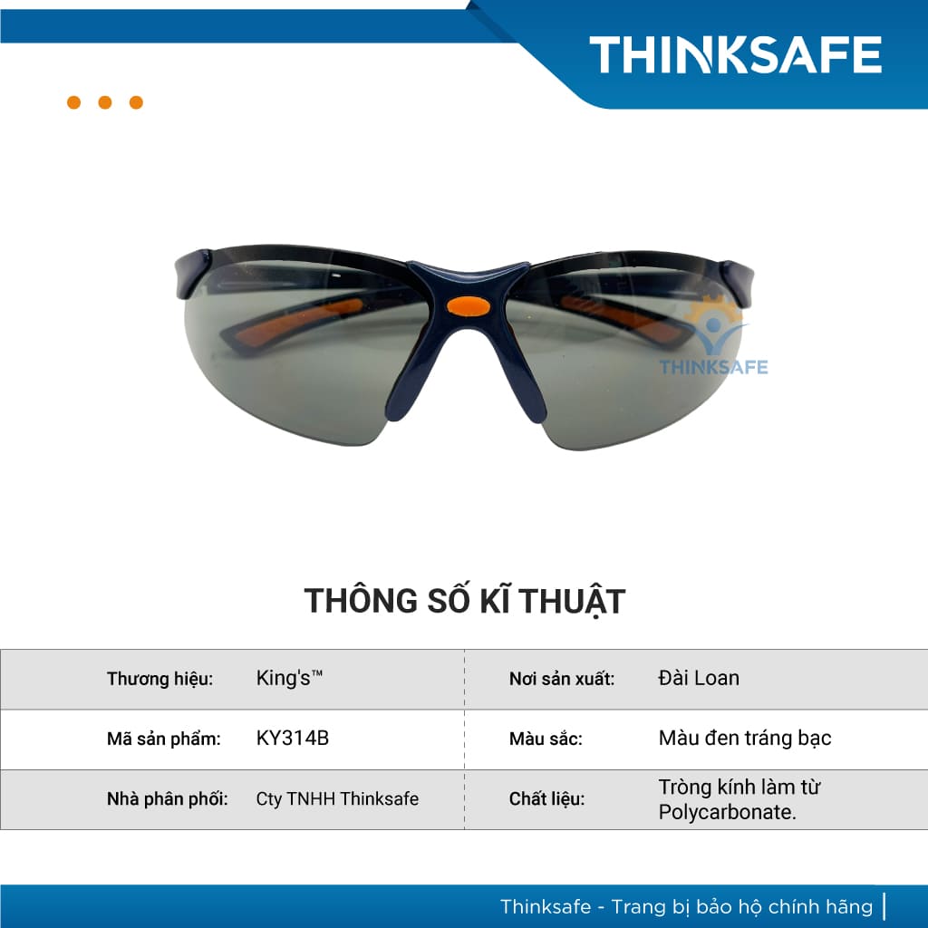 Kính chắn bảo hộ King's Thinksafe, chống tia uv cao cấp, bảo hộ đa năng, chống bụi đi đường, dùng lao động màu đen KY314B