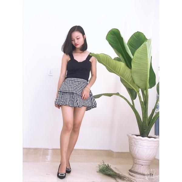 Sét áo 2 dây có mút ngực & chân váy caro 2 tầng sexy sang chảnh