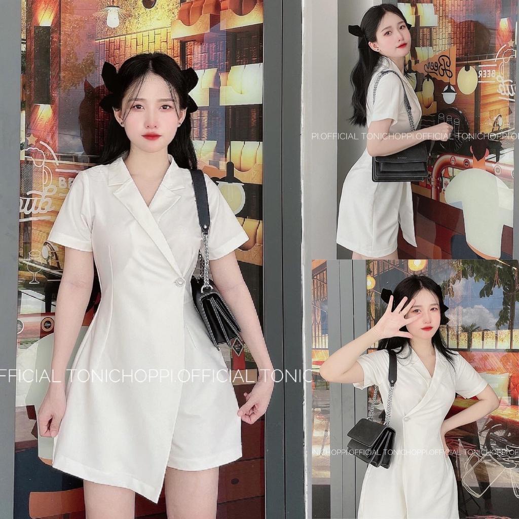 Jumpsuit nữ xòe kiểu sơ mi xẻ tà siêu xinh 2 màu sắc (Trắng, Nâu) giúp nàng nổi bật dự tiệc, dạo phố