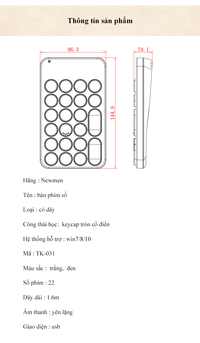 Bàn Phím Số Newmen TK-031 (Màu Đen) - Hàng Chính Hãng