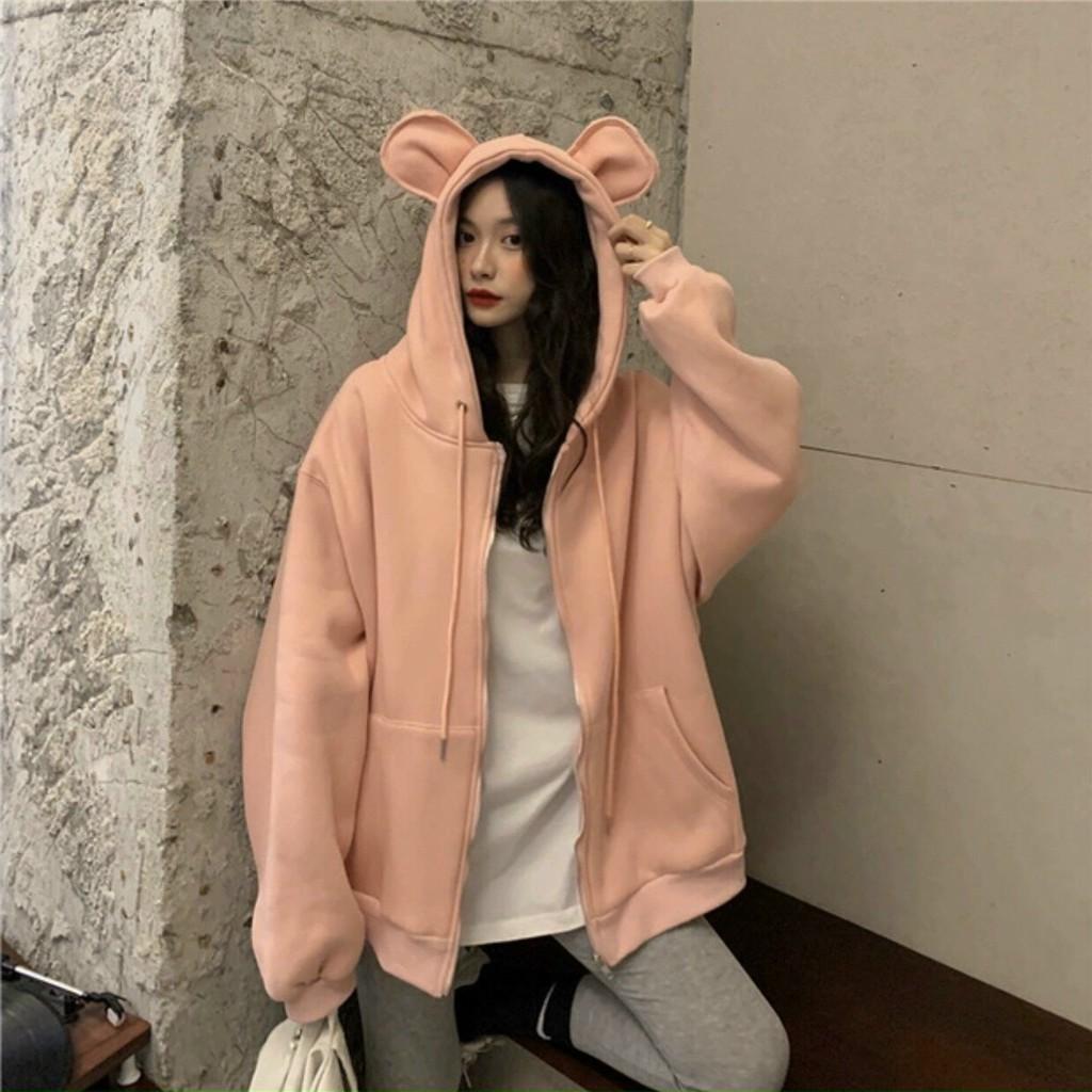 Áo khoác hoodie chống nắng nón Tai Thỏ form rộng , dành cho nữ chất nỉ ngoại Có Dây Kéo Unisex ulzzang