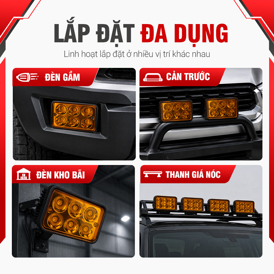 Đèn LED Trợ Sáng Bảng Chữ Nhật Viair 6 Bóng Vàng 12-30V (77x111mm)