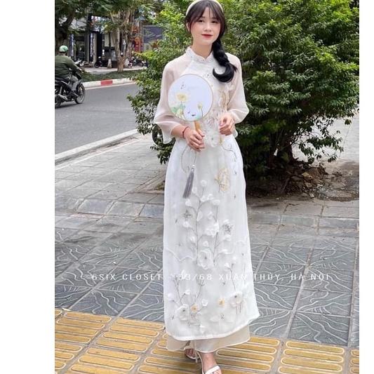 Áo Dài Dạ Tiệc Cách Tân Thiết Kế Tay Lỡ Đính Hoa Siêu Xinh Cho Các Nàng, A17