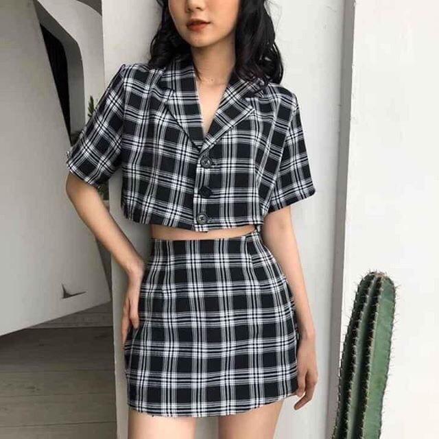 Set Vest Croptop Kẻ Sọc Caro + Chân váy Siêu Xinh MS14/GN100
