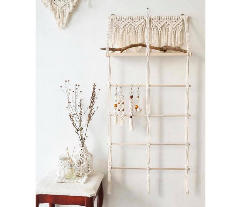 Kệ gỗ trang trí thang dây treo đồ tết macrame