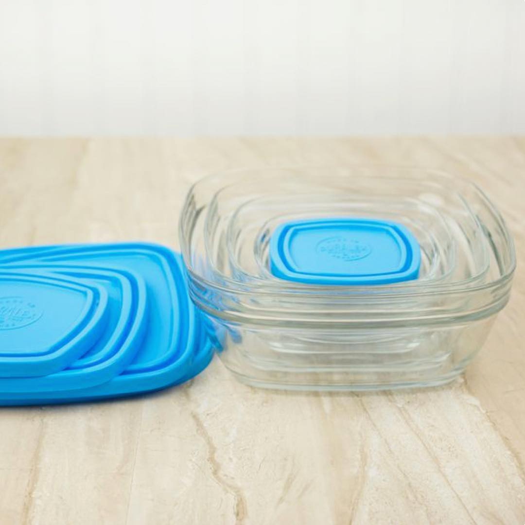 Bộ Hộp thực phẩm D9015A Duralex - Freshbox nắp xanh Blue 5 size Thủy tinh cường lực Pháp