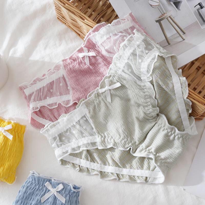 QUẦN LÓT COTTON SỢI BÔNG BÈO NHÚN PHA REN ĐÍNH NƠ