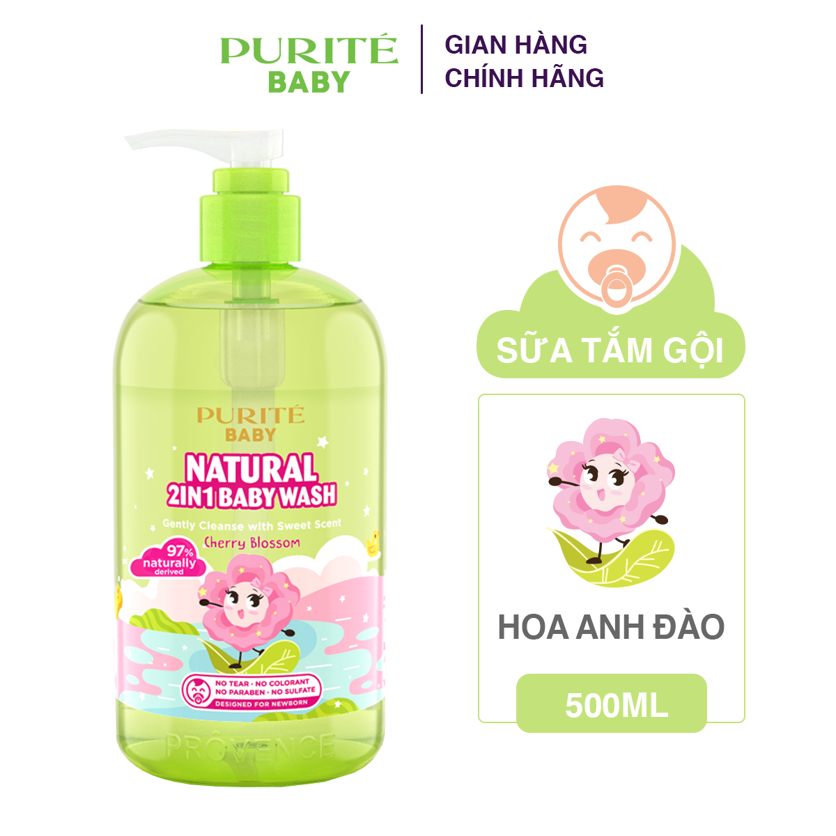 [Hàng Chính Hãng] Sữa Tắm Gội Thiên Nhiên Hoa Anh Đào Purité Baby 500ml