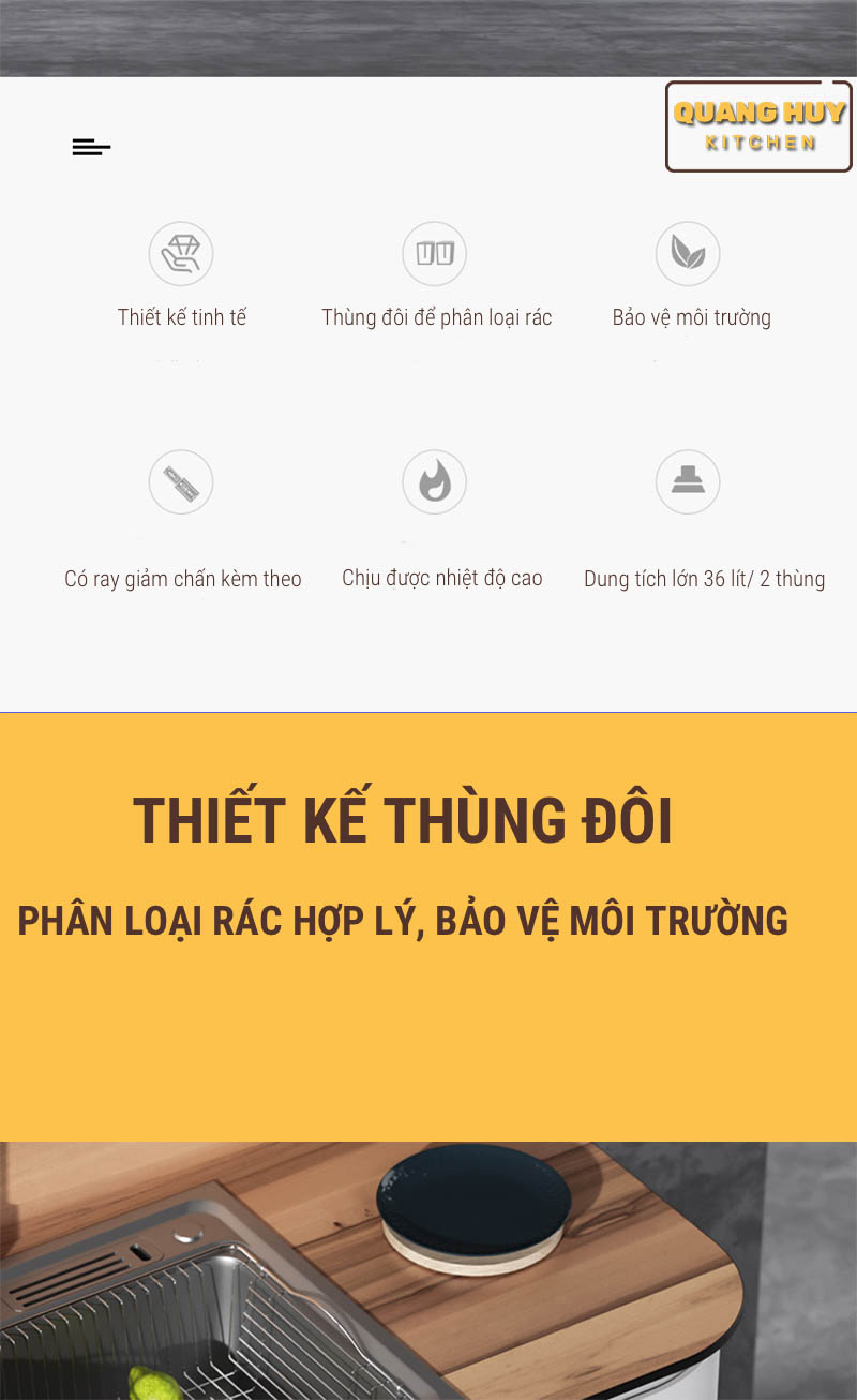 Thùng rác đôi âm tủ bếp hoặc gắn cánh tủ bếp thương hiệu Grob lắp đặt dễ dàng