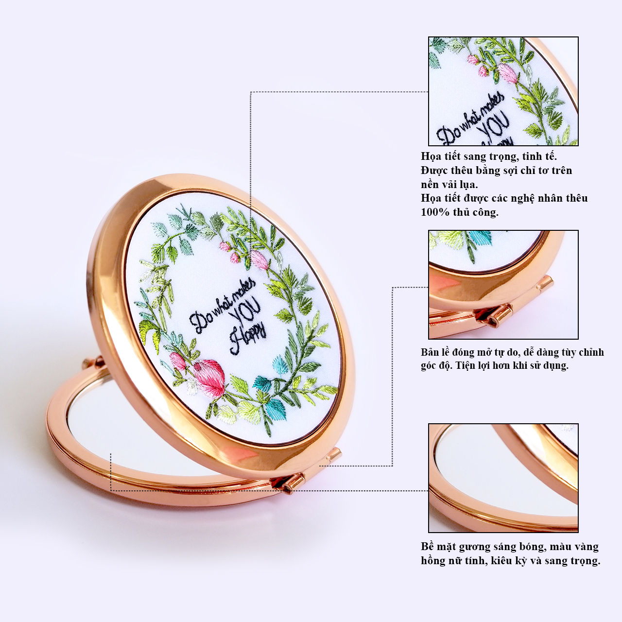 Gương Thêu Tay, Gương Trang Điểm Mini - Họa Tiết Thêu Tay Đẹp, Thiết Kế Nhỏ Gọn Bỏ Vào Ví Nữ Dễ Dàng -  Quà Tặng Sinh Nhật Cho Bạn Gái
